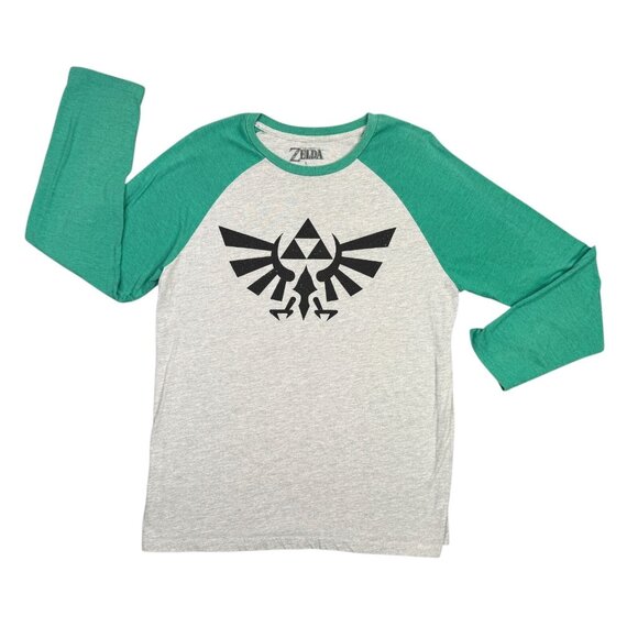 The Legend of Zelda T Shirt Mens L Green Gray Raglan Long Sleeve Hyrule Crest - Picture 1 of 8
